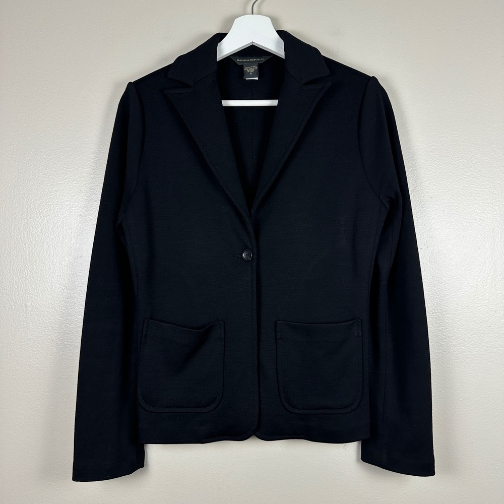 Banana Republic Women's 4 Blazer Black 100% Wool Knit Single Button Pockets